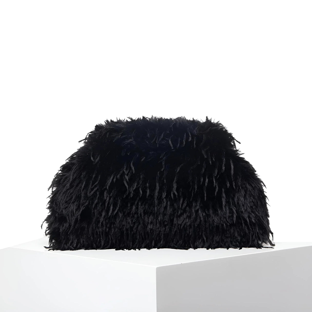 Black feathered clutch bag on a white background