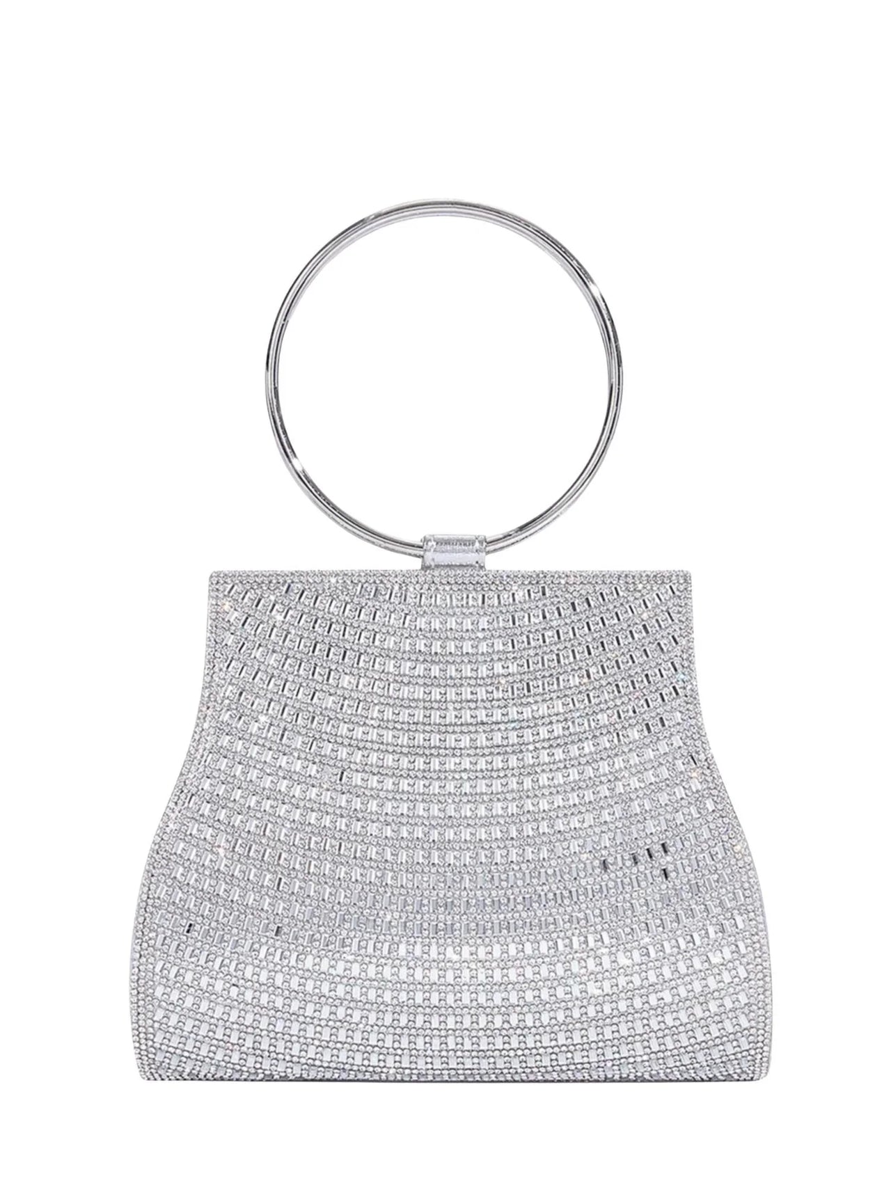 Silver handbag with a circular handle on a white background