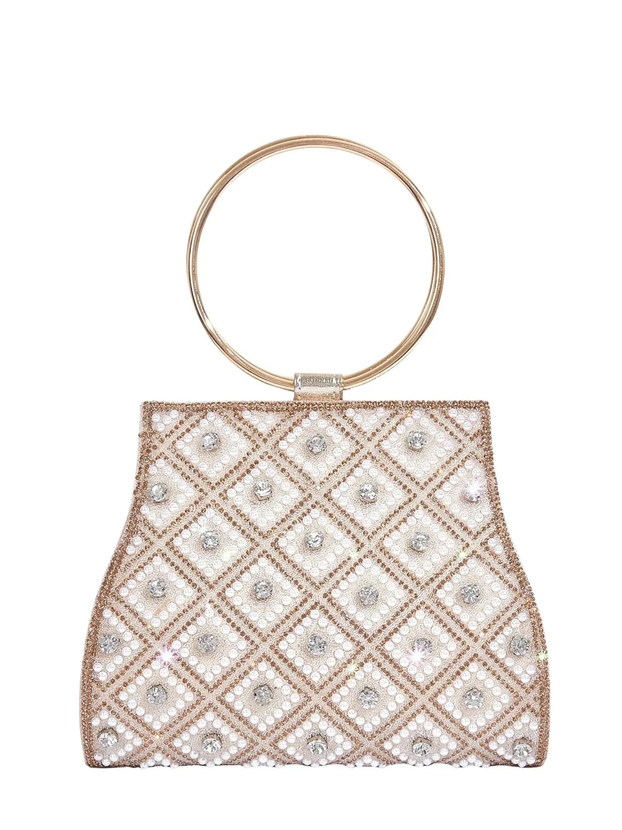 Gold beaded handbag with gold ring handle on white background