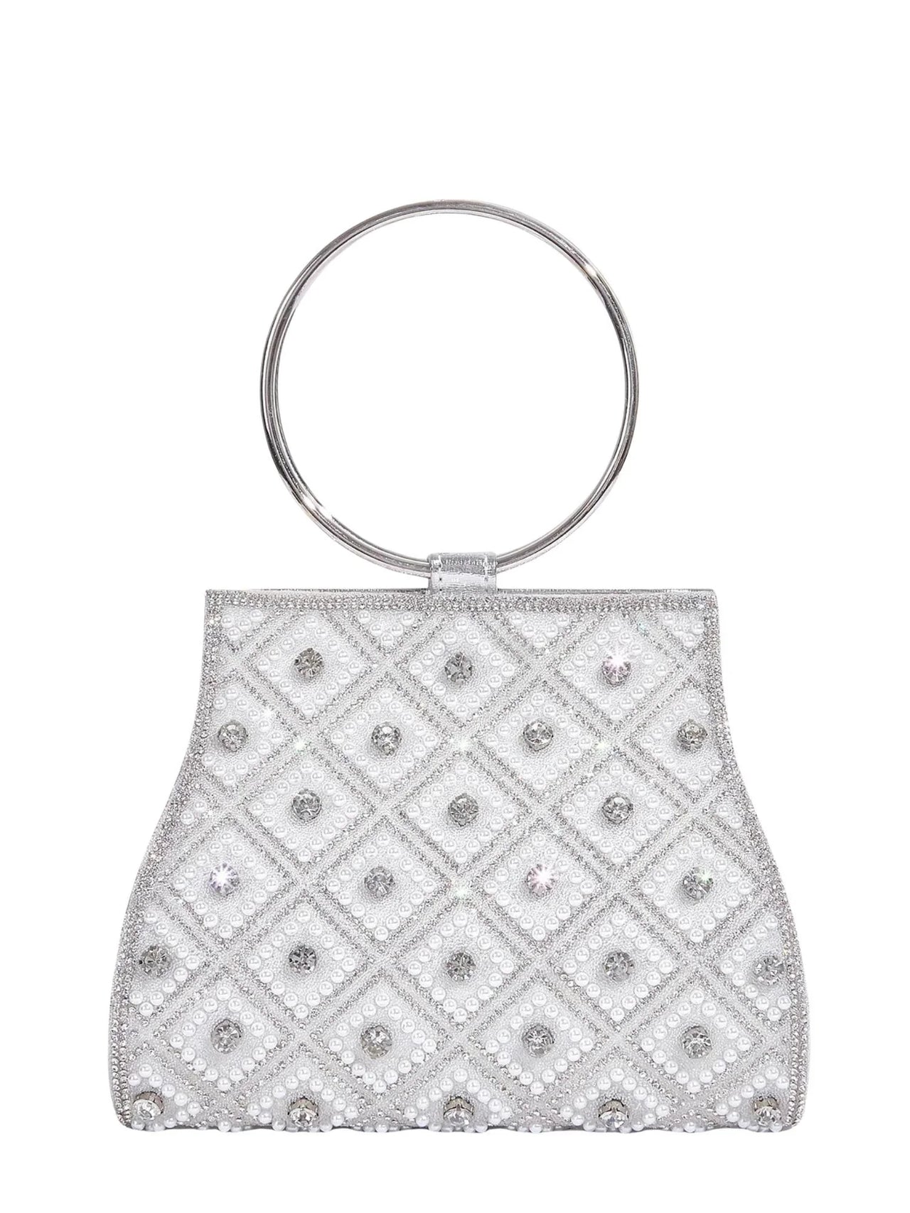 Silver handbag with diamond pattern and rhinestones on a white background