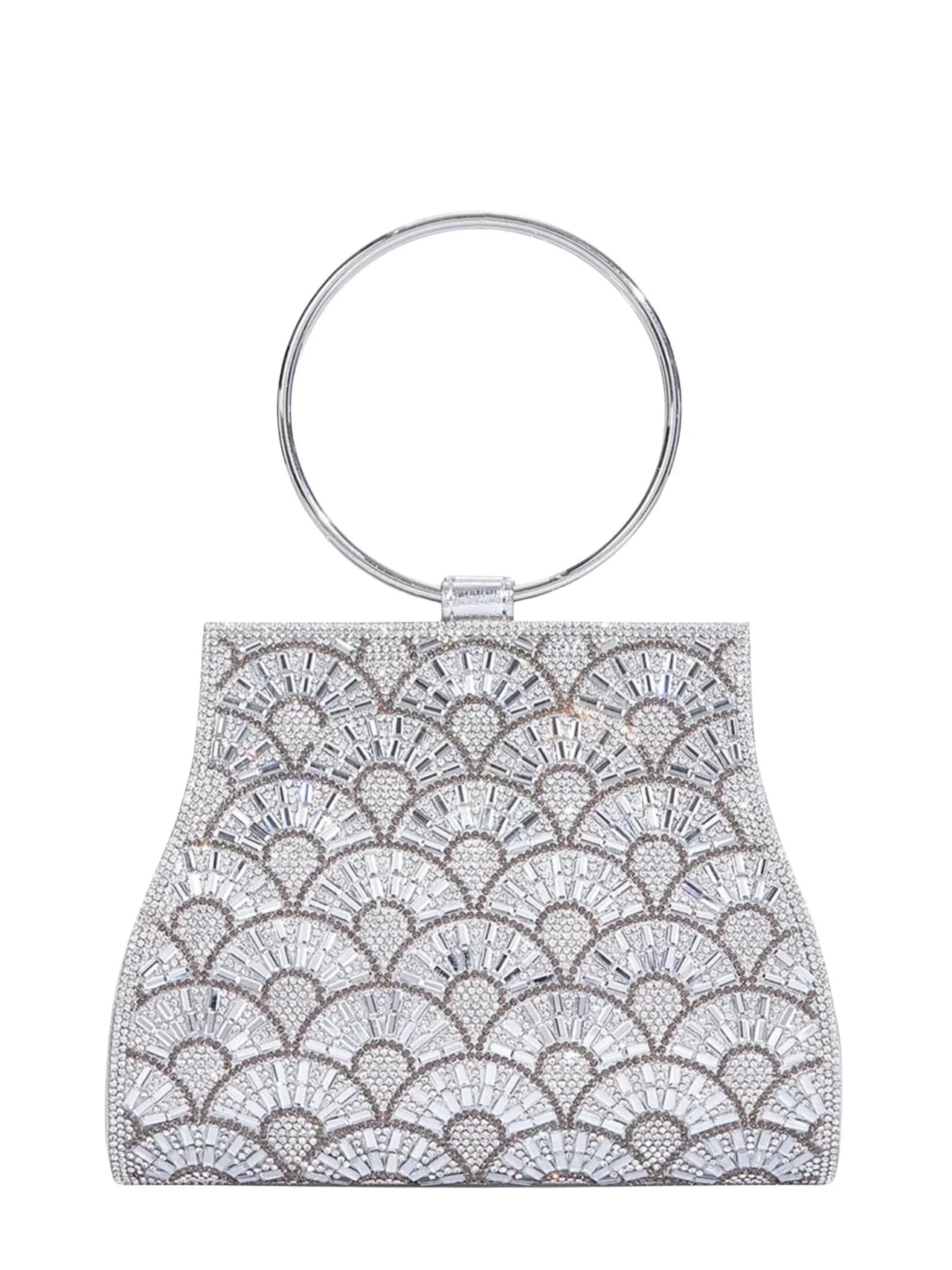 Silver handbag with intricate pattern on a white background