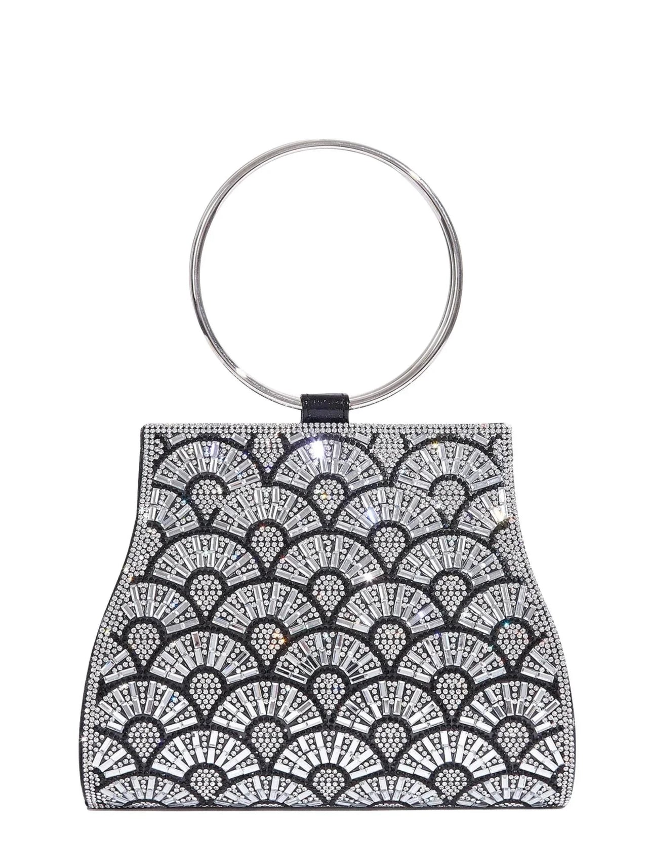 Black and silver patterned handbag with a ring handle on a white background