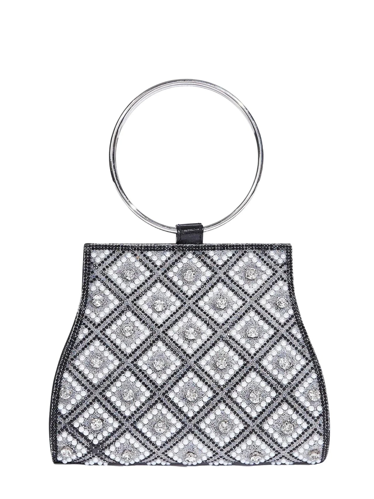 Small handbag with diamond pattern and ring handle on a white background