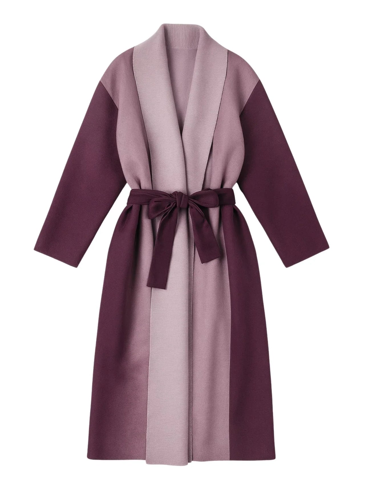 Two-tone purple coat with a belt on a white background