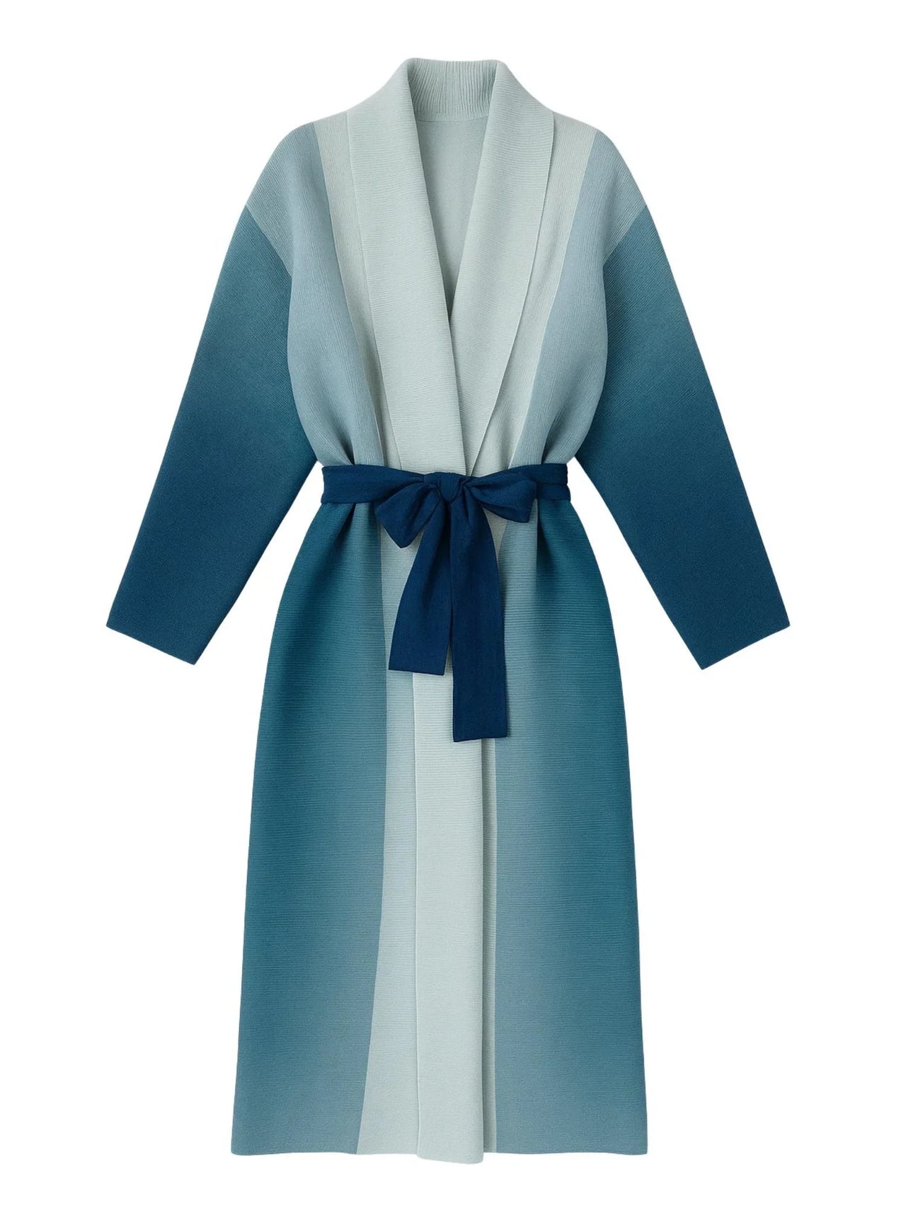 Long jacket with a blue belt on a white background