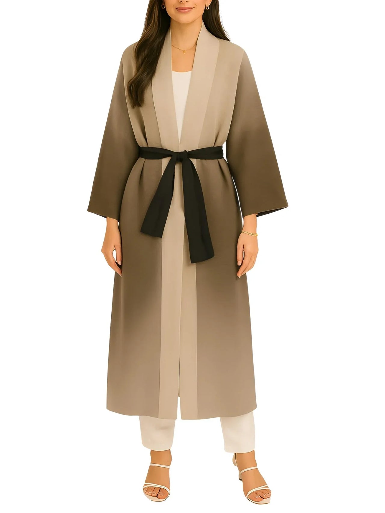 Woman wearing a long dark coffee jacket with a black belt on a white background