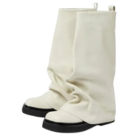 Thumbnail for White knee-high slouch boots with black soles on a white background