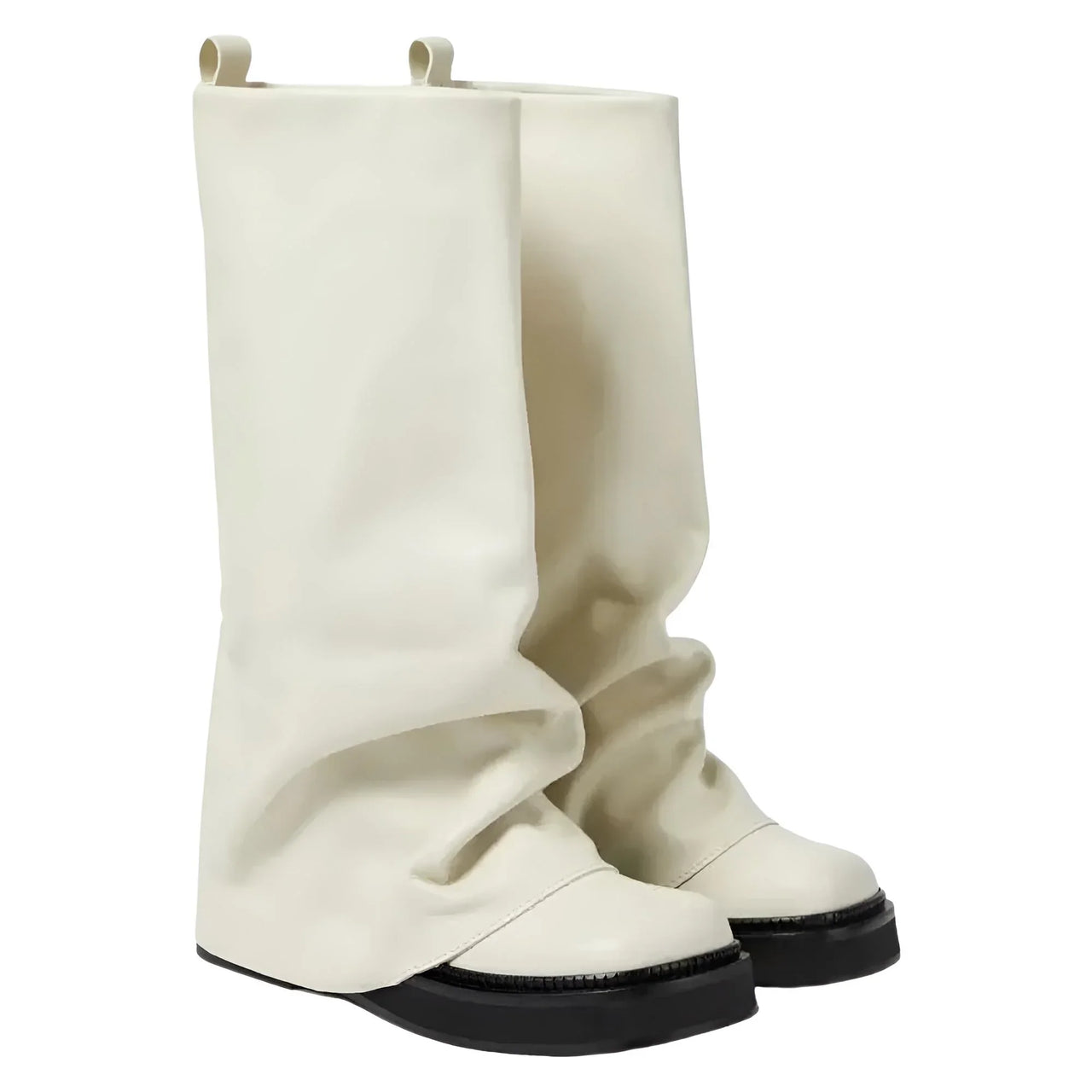 White knee-high slouch boots with black soles on a white background