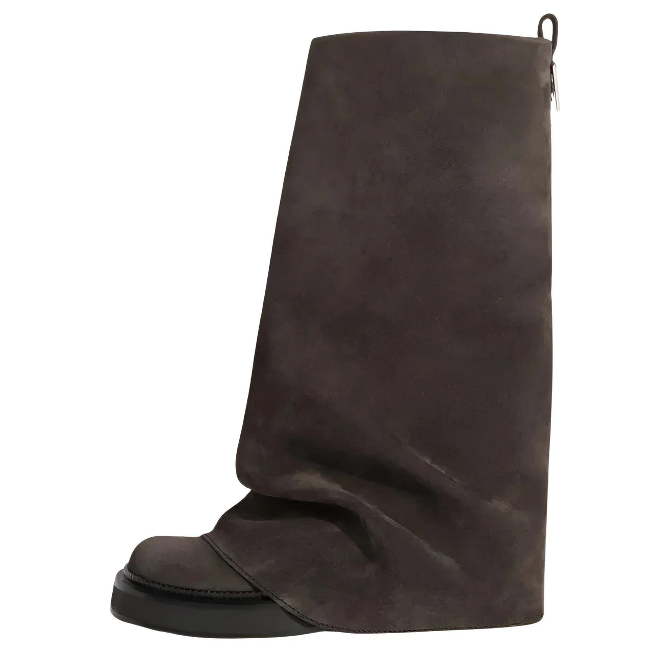 Dark brown knee-high slouch boot on a white background