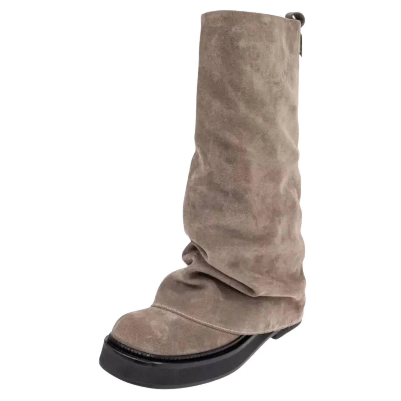 Brown suede slouch boot on a white background