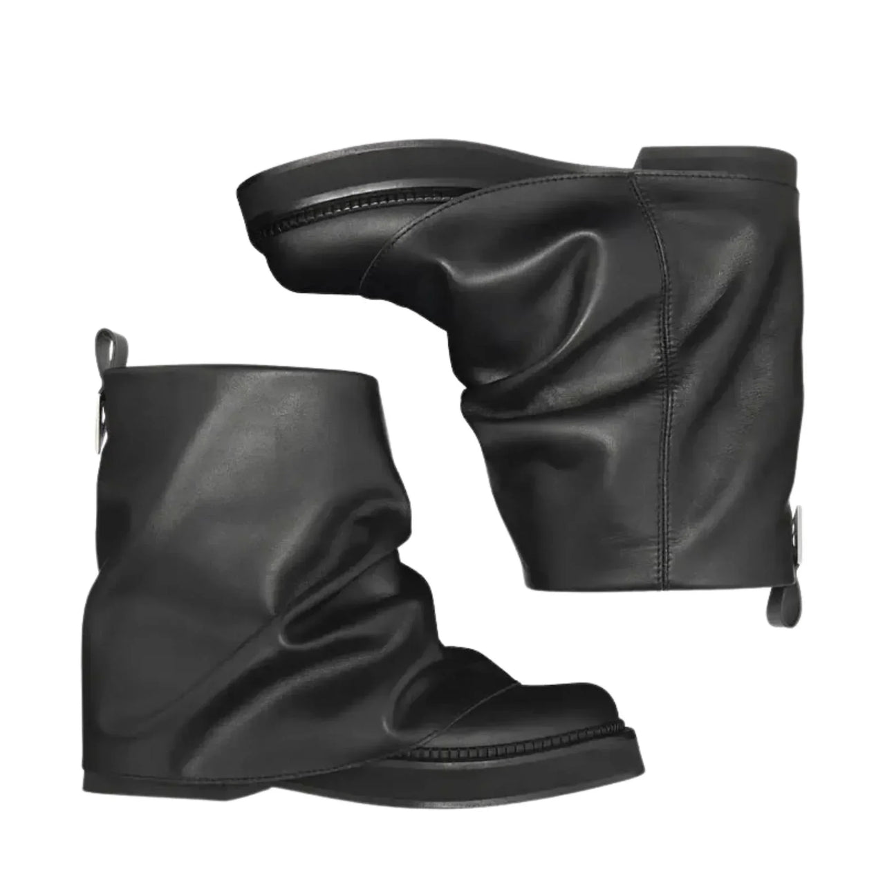 Black leather slouch ankle boots on a white background