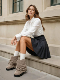 Thumbnail for Women's High-Fashion Slouch Boots Real Leather Chunky Sole Boots For Women, Drestiny, Knee Highs, Ankle Boots, Dark Brown, Brown, Black, Off White, 5, 6, 7, 8, 9, 10, 11, 12, United States, USA, Canada, Australia, New Zealand, United Kingdom, UK, Slouch boots women's, knee high slouch boots, Suede slouch boots, Women's slouch boots, brown slouch ankle boots, Slouchy knee high boots, shopdrestiny.com