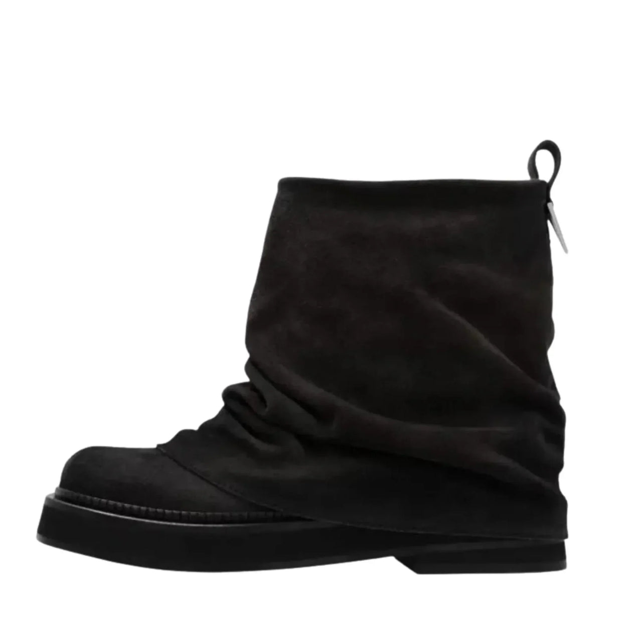 Black suede ankle slouch boot on white background