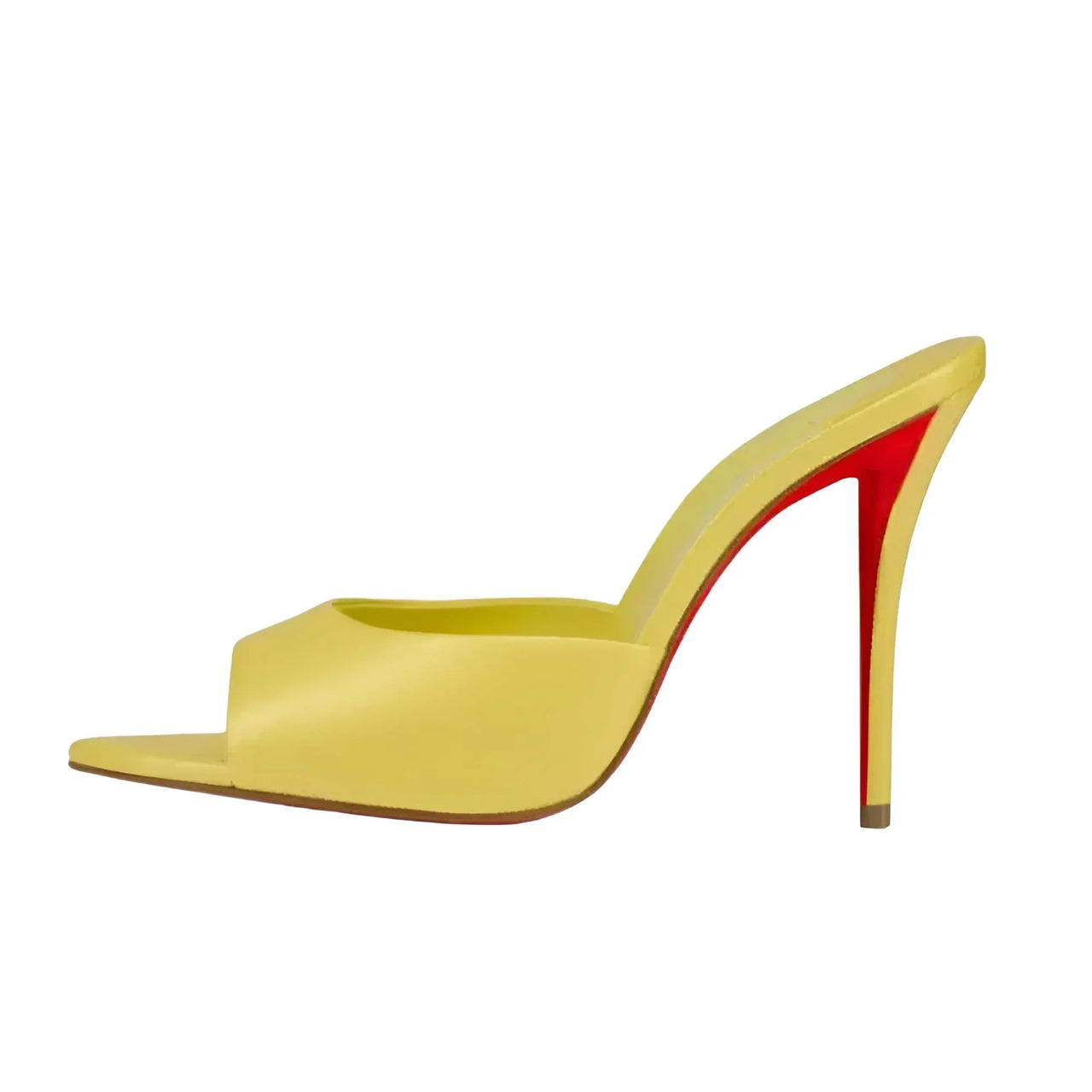Yellow high-heeled shoe with a red sole on a white background
