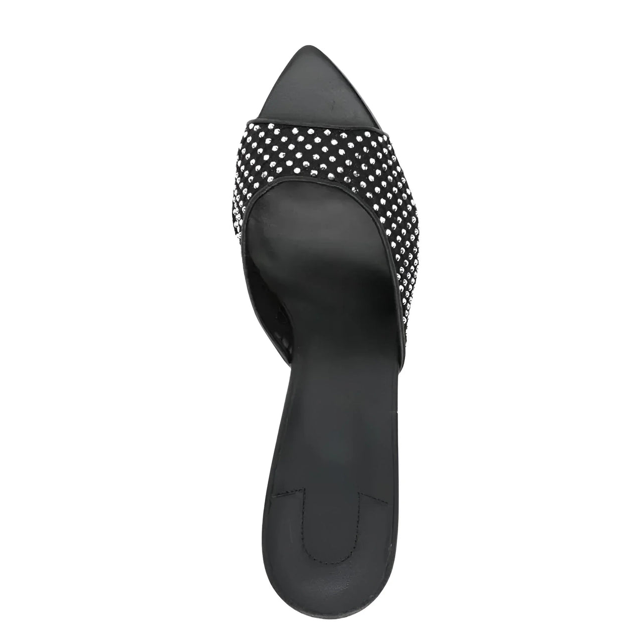 Black pointed-toe shoe with studded detail on a white background