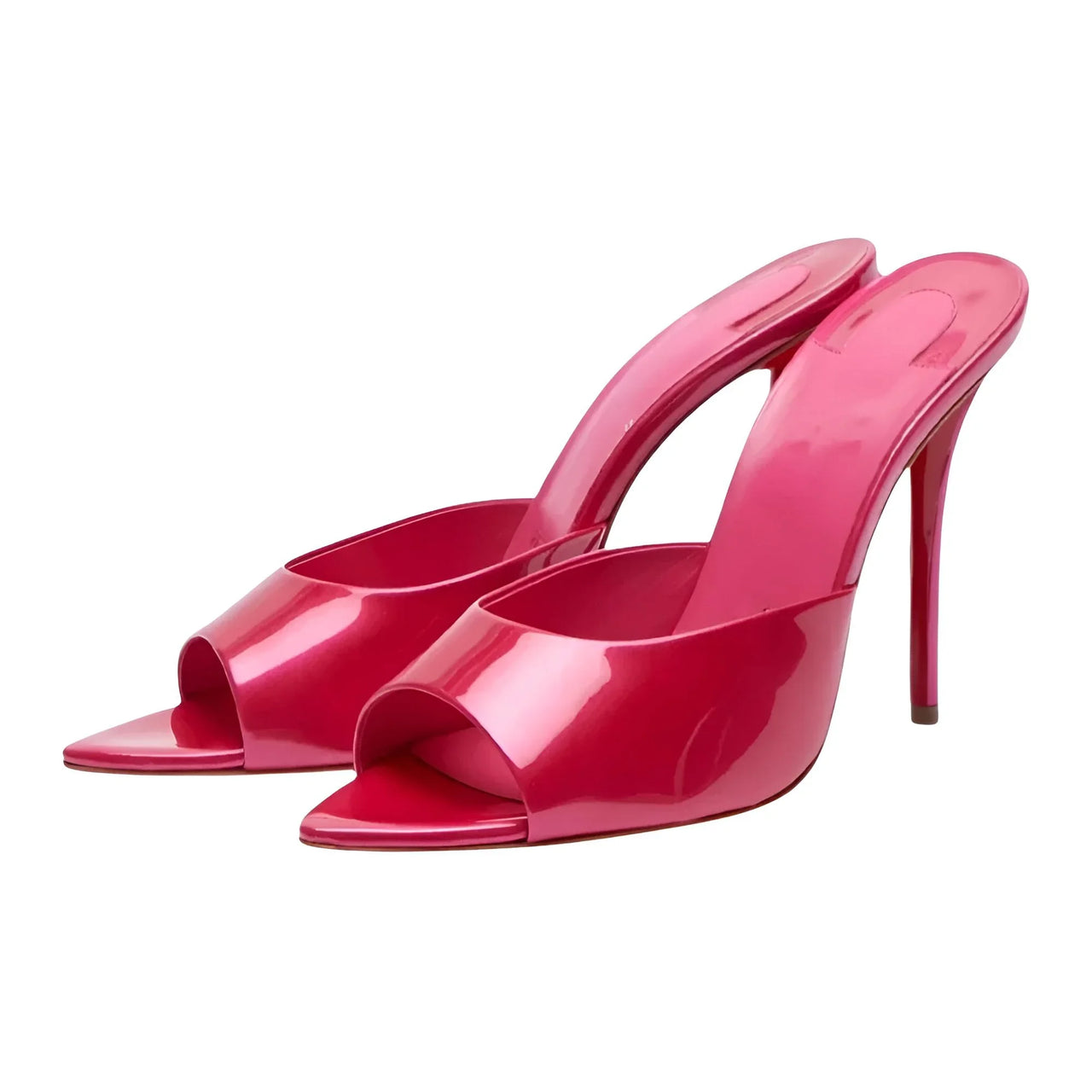 Pair of bright pink high-heeled red sole shoes on a white background