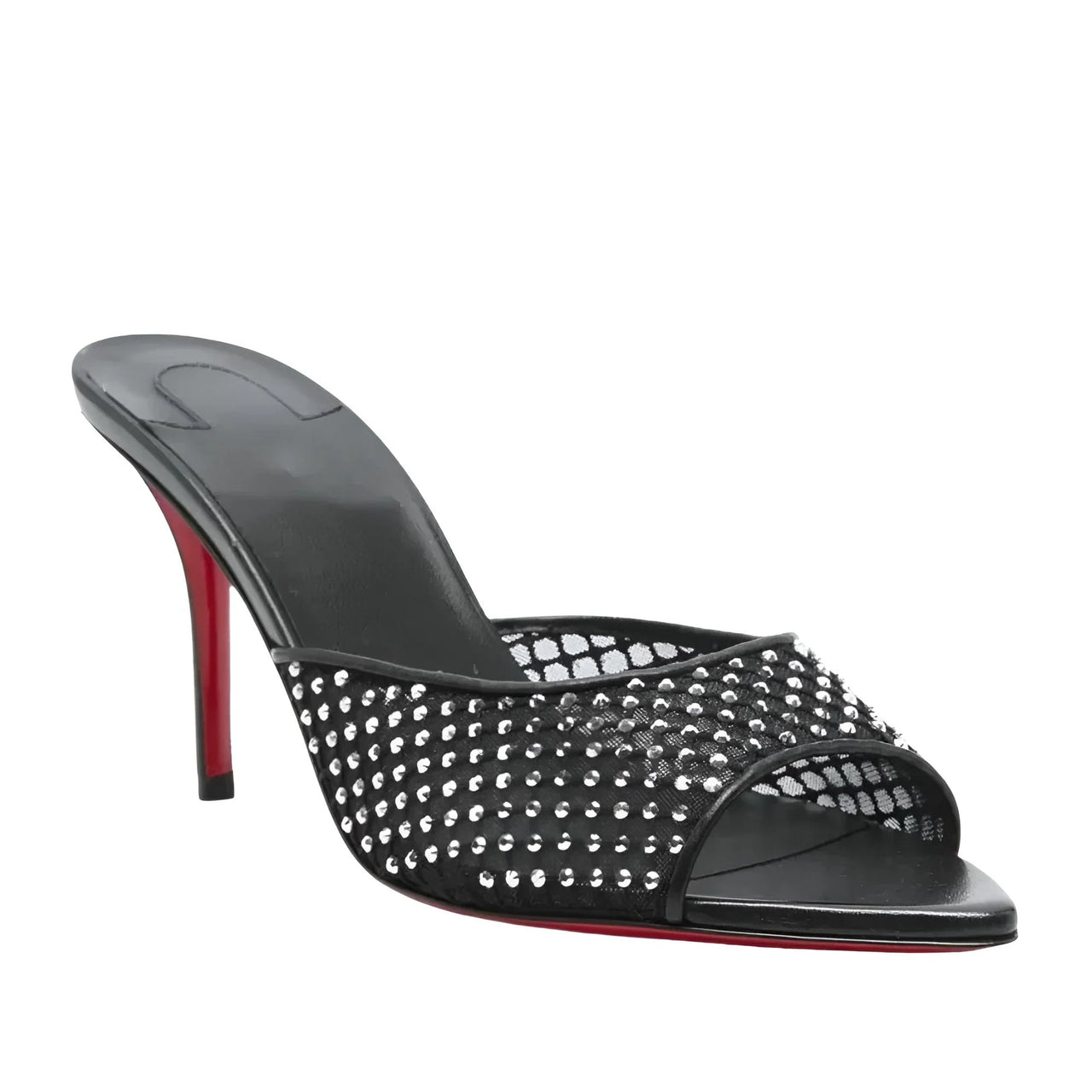 Black diamond studded high-heeled red bottom sandal on a white background