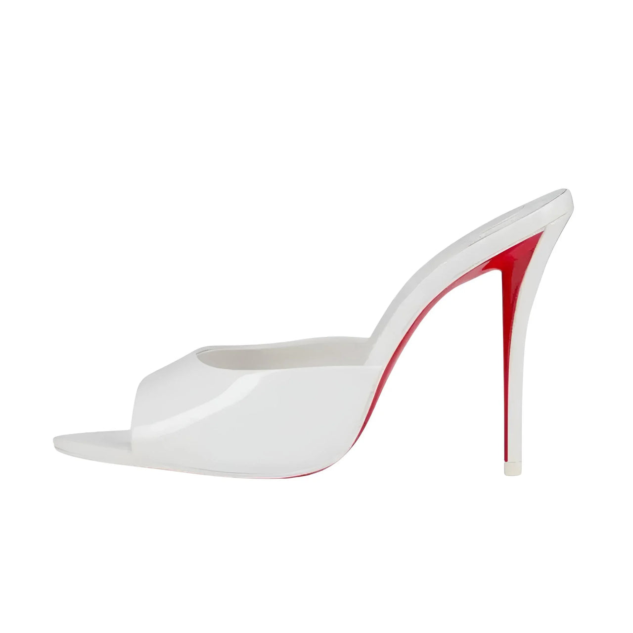 White high-heeled shoe with red bottom on a white background