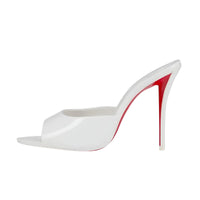 Thumbnail for White high-heeled shoe with red bottom on a white background