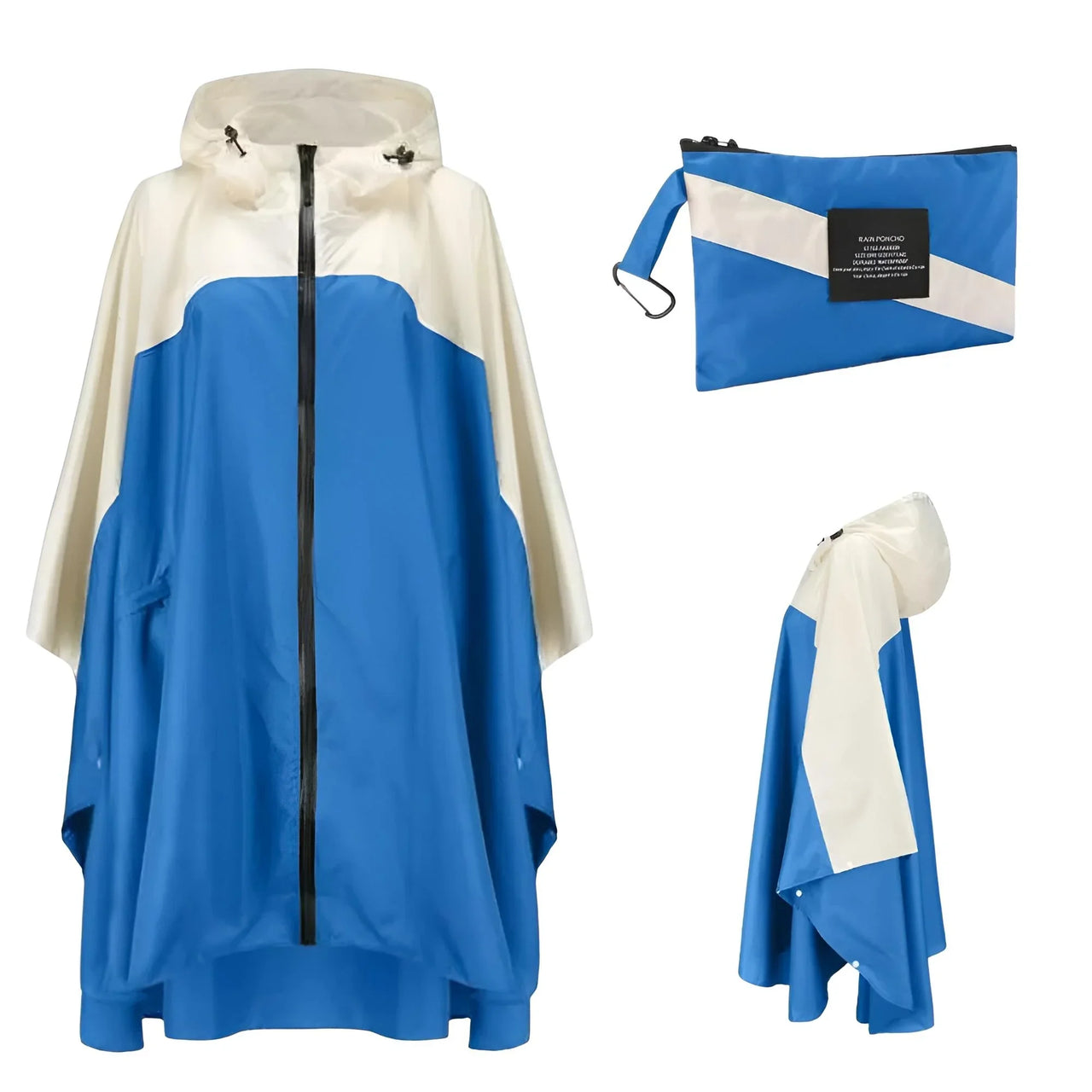 Blue and white rain poncho with a folded poncho and pouch on a white background