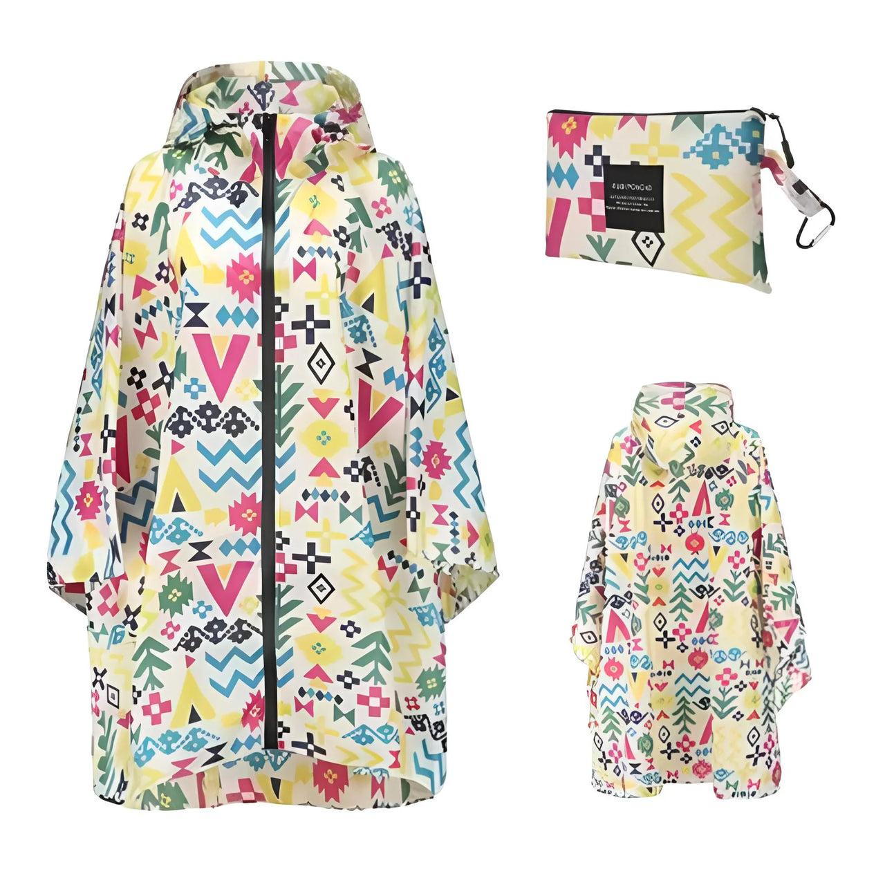 Colorful geometric-patterned jacket with matching pouch on a white background