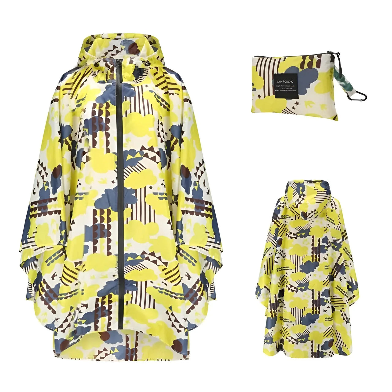 Yellow and blue patterned poncho with matching pouch on a white background