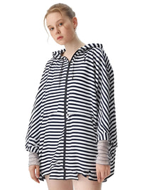 Thumbnail for Person wearing a black and white striped raincoat on a white background