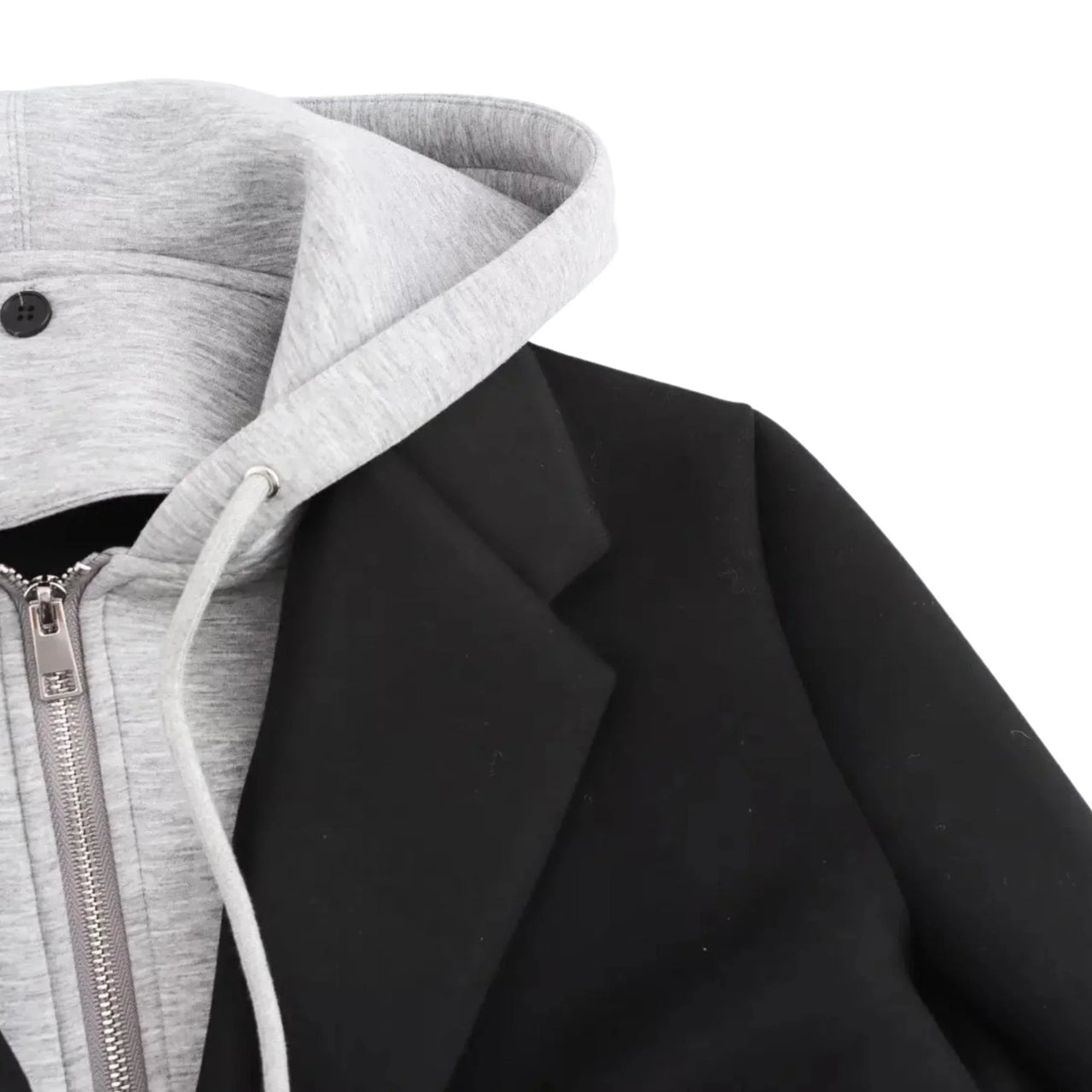 Gray hoodie with white zipper and black jacket on a white background