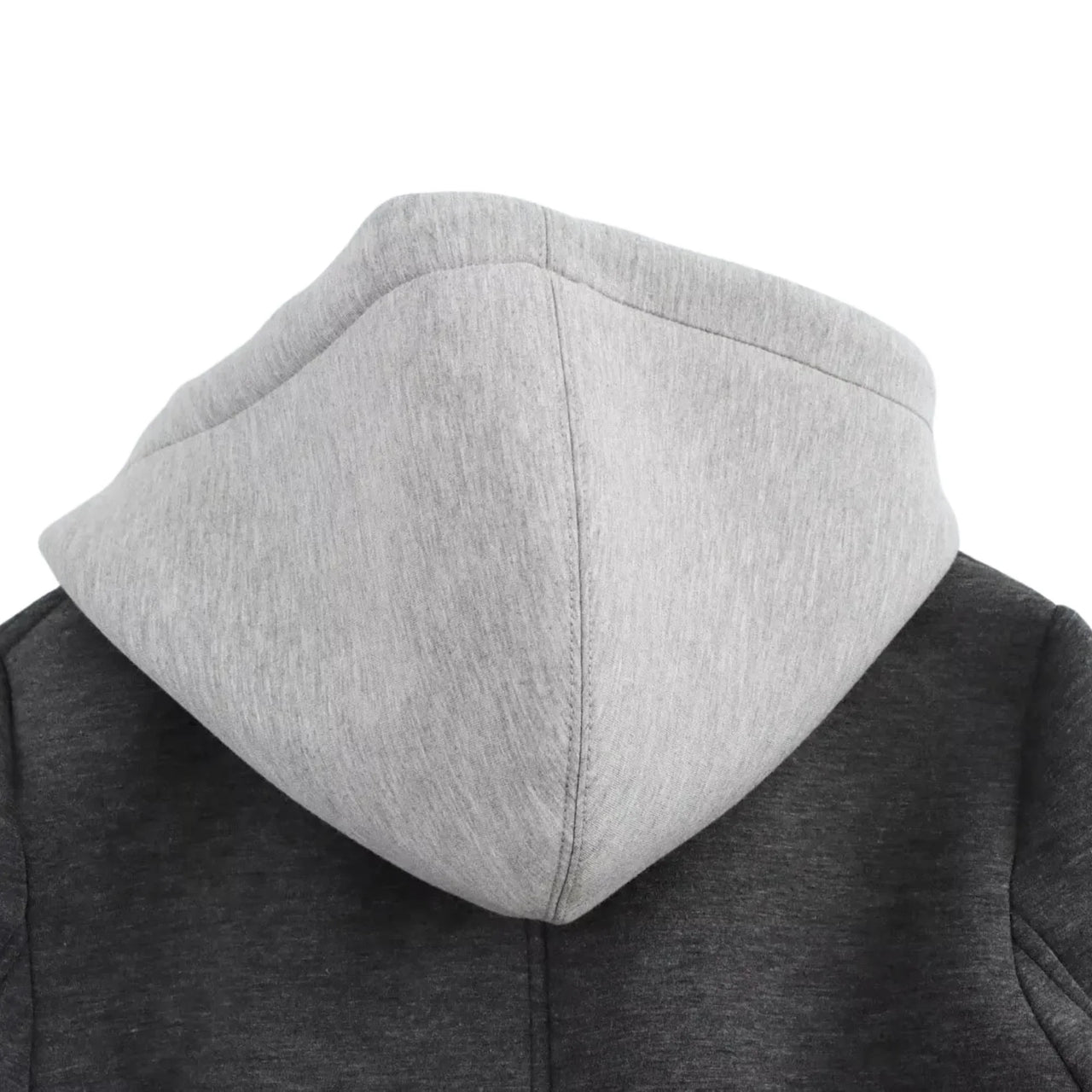 Gray hood on a dark gray hoodie against a white background