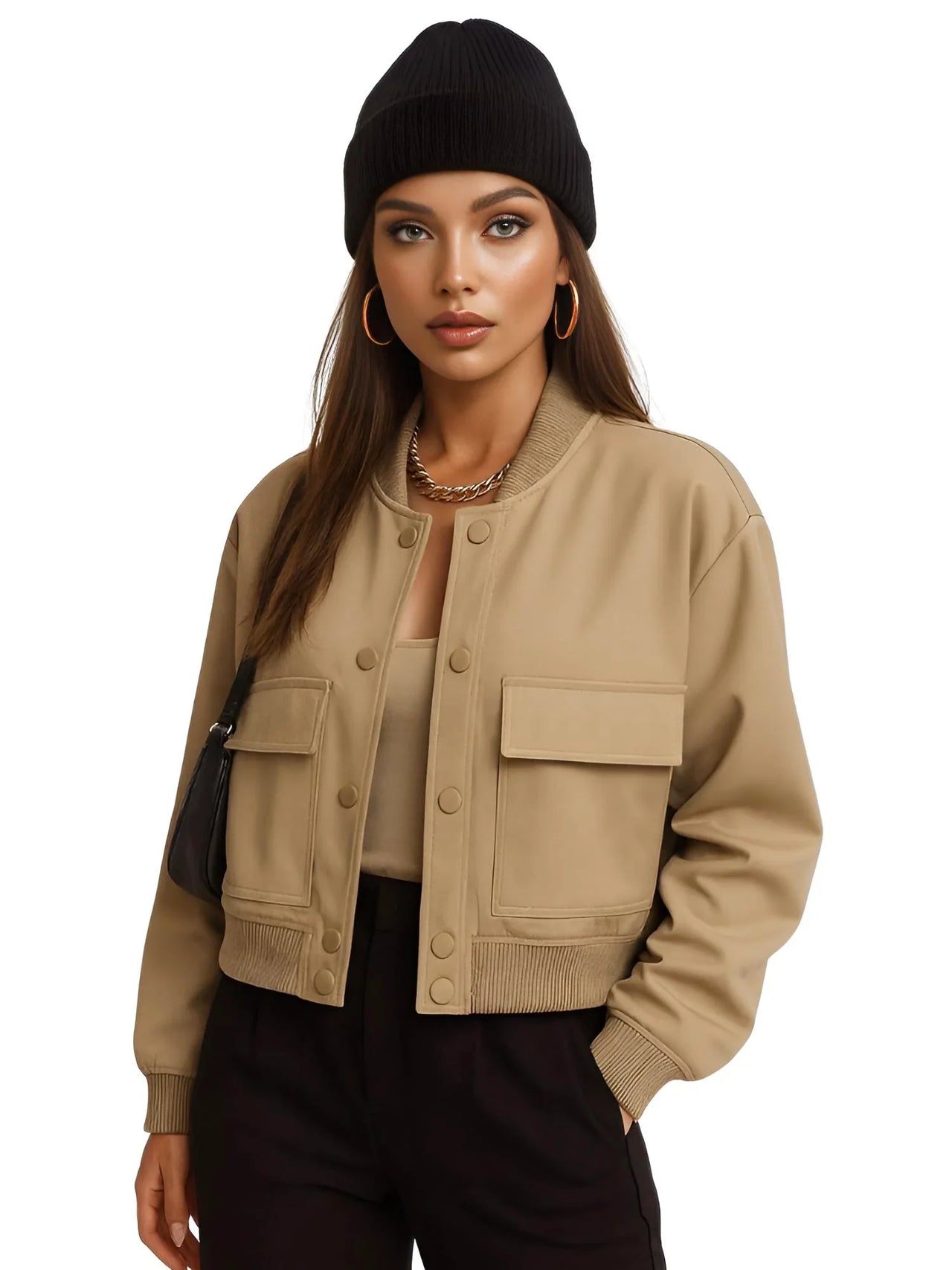 Woman wearing a khaki jacket, black beanie, and black pants on a white background