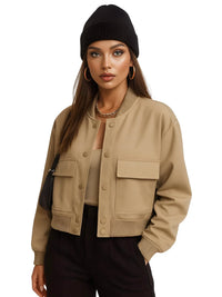 Thumbnail for Woman wearing a khaki jacket, black beanie, and black pants on a white background