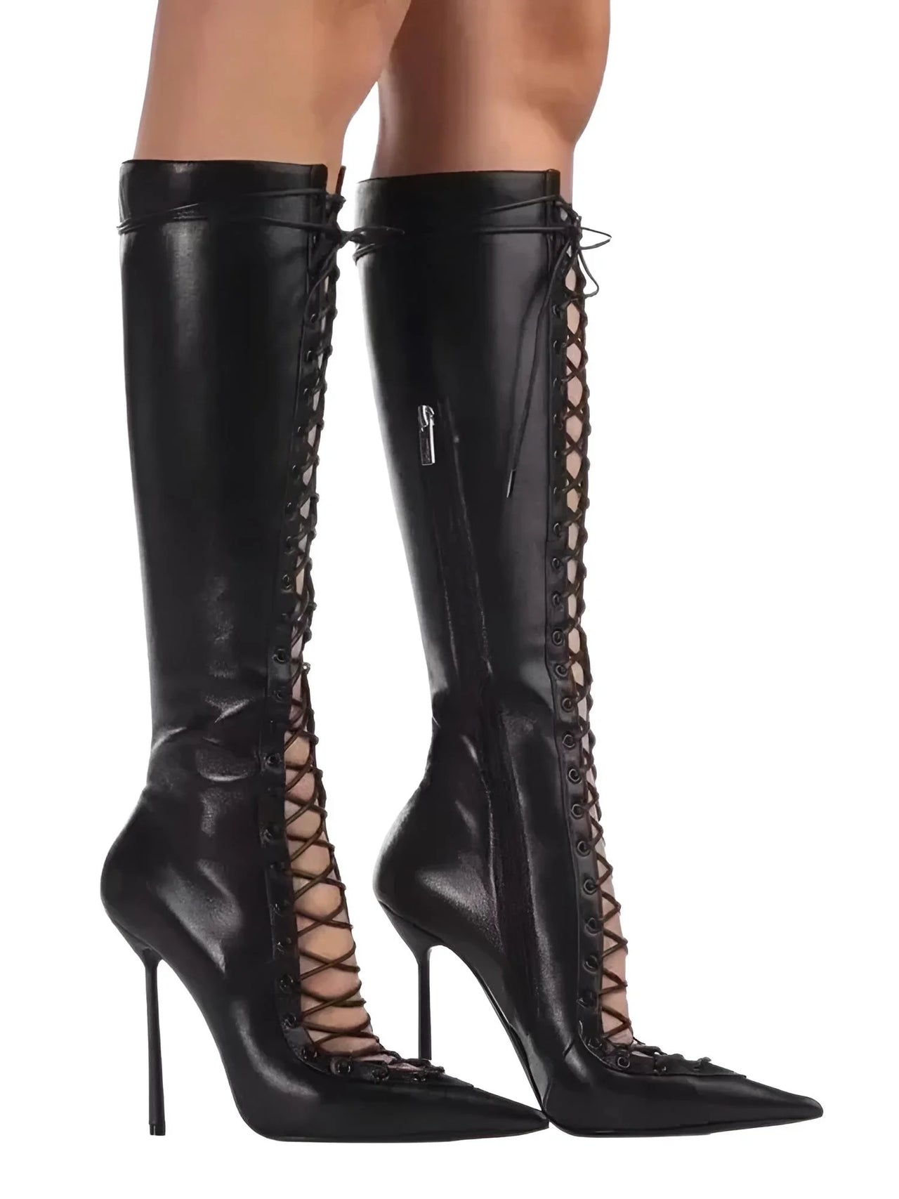 Women's Lace-Up Stiletto Boot Collection Side Zipper Slimming High Heels Sexy Knee Length Women's Boots, Drestiny, Ankle Boots, Knee-High Boots, Heels, High Heels, Stilettos, United States, USA, Canada, Australia, New Zealand, United Kingdom, UK, 6.5, 7.5, 8.5, 9, 9.5, 10, 10.5, 12, Black, Leopard Print, Brown, Cowboy Denim Blue, Cherry Red, Lipstick Red, Dark Brown, Red, women's lace-up stiletto boots, high heel lace-up boots, black lace-up stilettos, sexy ankle boots with laces, shopdrestiny.com