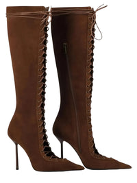 Thumbnail for Women's Lace-Up Stiletto Boot Collection Side Zipper Slimming High Heels Sexy Knee Length Women's Boots, Drestiny, Ankle Boots, Knee-High Boots, Heels, High Heels, Stilettos, United States, USA, Canada, Australia, New Zealand, United Kingdom, UK, 6.5, 7.5, 8.5, 9, 9.5, 10, 10.5, 12, Black, Leopard Print, Brown, Cowboy Denim Blue, Cherry Red, Lipstick Red, Dark Brown, Red, women's lace-up stiletto boots, high heel lace-up boots, black lace-up stilettos, sexy ankle boots with laces, shopdrestiny.com