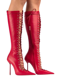 Thumbnail for Women's Lace-Up Stiletto Boot Collection Side Zipper Slimming High Heels Sexy Knee Length Women's Boots, Drestiny, Ankle Boots, Knee-High Boots, Heels, High Heels, Stilettos, United States, USA, Canada, Australia, New Zealand, United Kingdom, UK, 6.5, 7.5, 8.5, 9, 9.5, 10, 10.5, 12, Black, Leopard Print, Brown, Cowboy Denim Blue, Cherry Red, Lipstick Red, Dark Brown, Red, women's lace-up stiletto boots, high heel lace-up boots, black lace-up stilettos, sexy ankle boots with laces, shopdrestiny.com