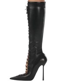 Thumbnail for Women's Lace-Up Stiletto Boot Collection Side Zipper Slimming High Heels Sexy Knee Length Women's Boots, Drestiny, Ankle Boots, Knee-High Boots, Heels, High Heels, Stilettos, United States, USA, Canada, Australia, New Zealand, United Kingdom, UK, 6.5, 7.5, 8.5, 9, 9.5, 10, 10.5, 12, Black, Leopard Print, Brown, Cowboy Denim Blue, Cherry Red, Lipstick Red, Dark Brown, Red, women's lace-up stiletto boots, high heel lace-up boots, black lace-up stilettos, sexy ankle boots with laces, shopdrestiny.com