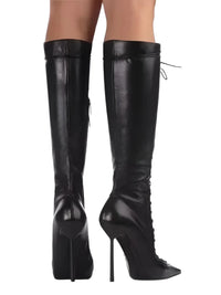 Thumbnail for Women's Lace-Up Stiletto Boot Collection Side Zipper Slimming High Heels Sexy Knee Length Women's Boots, Drestiny, Ankle Boots, Knee-High Boots, Heels, High Heels, Stilettos, United States, USA, Canada, Australia, New Zealand, United Kingdom, UK, 6.5, 7.5, 8.5, 9, 9.5, 10, 10.5, 12, Black, Leopard Print, Brown, Cowboy Denim Blue, Cherry Red, Lipstick Red, Dark Brown, Red, women's lace-up stiletto boots, high heel lace-up boots, black lace-up stilettos, sexy ankle boots with laces, shopdrestiny.com