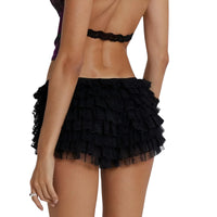 Thumbnail for Black lace ruffled shorts worn by a person on a white background