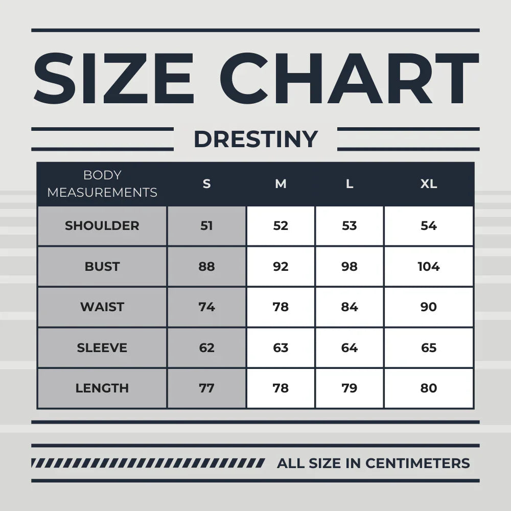 Size chart for clothing measurements by Drestiny on a gray background