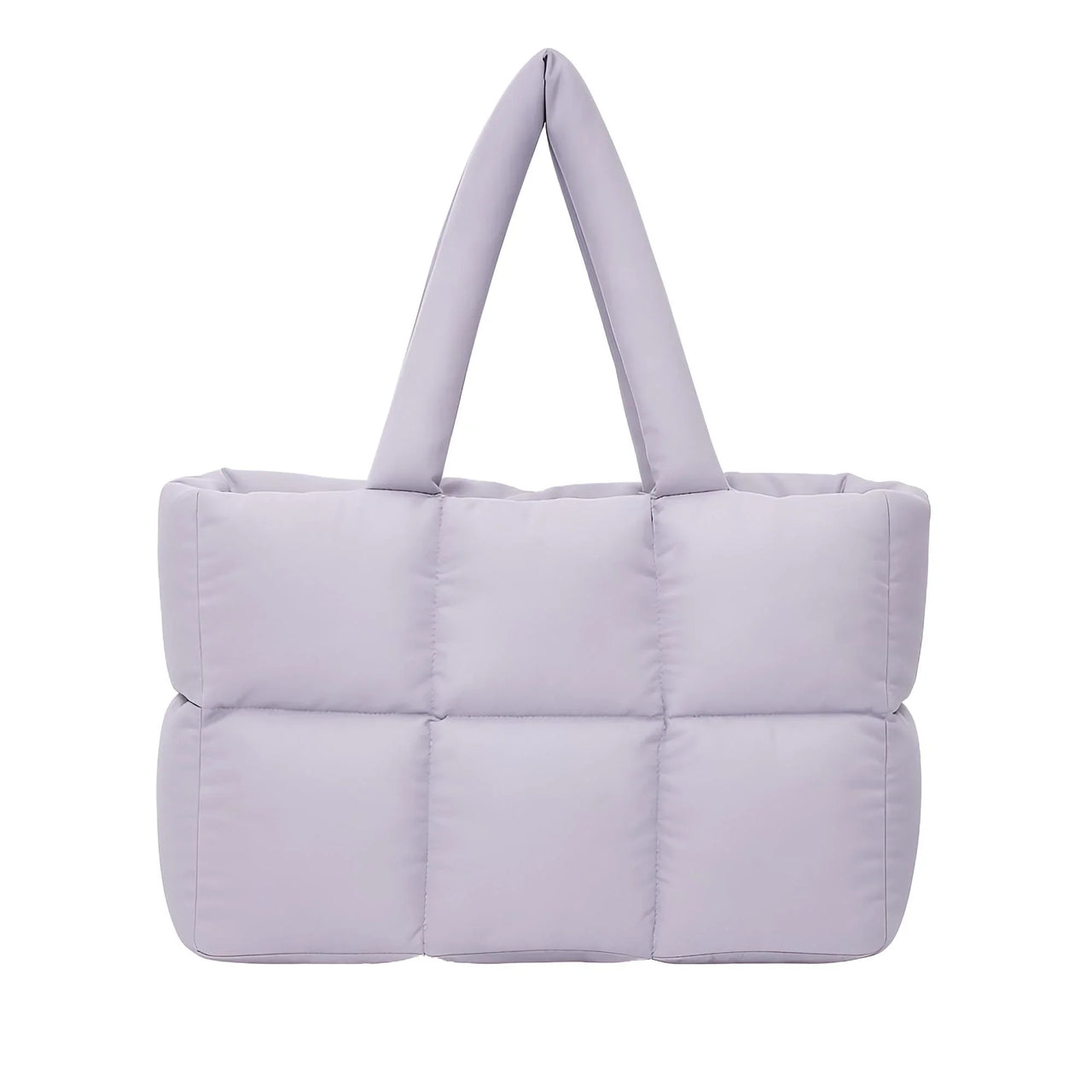Light purple quilted tote bag on a white background