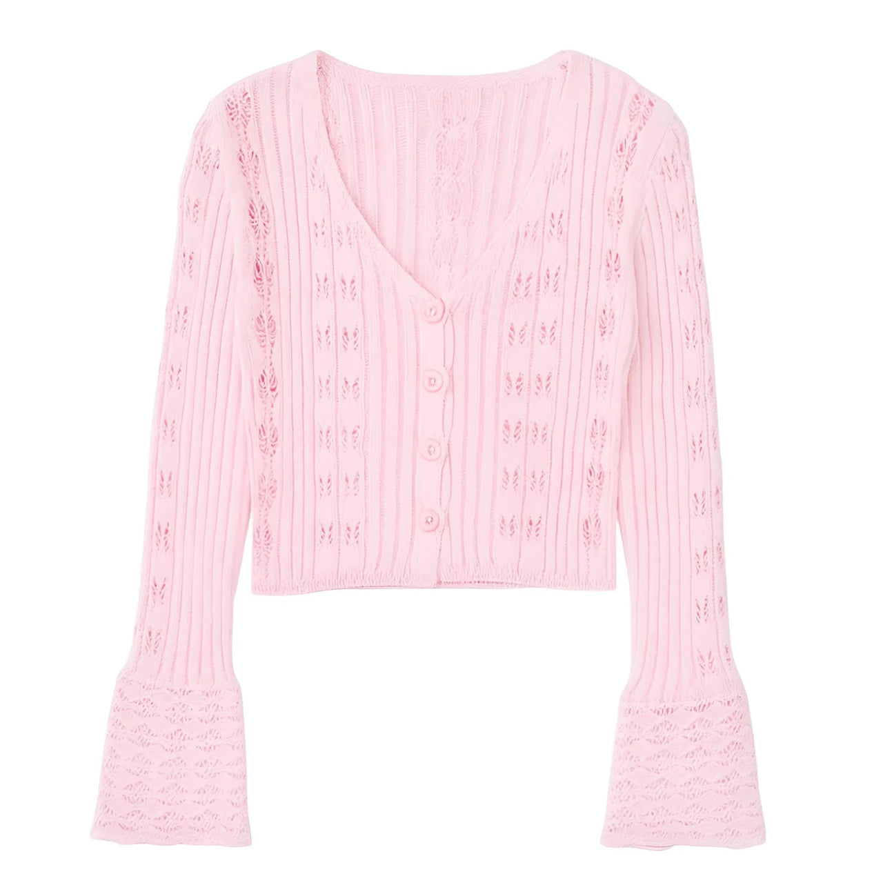 Pink knitted cardigan with lace details on a white background