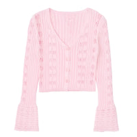 Thumbnail for Pink knitted cardigan with lace details on a white background