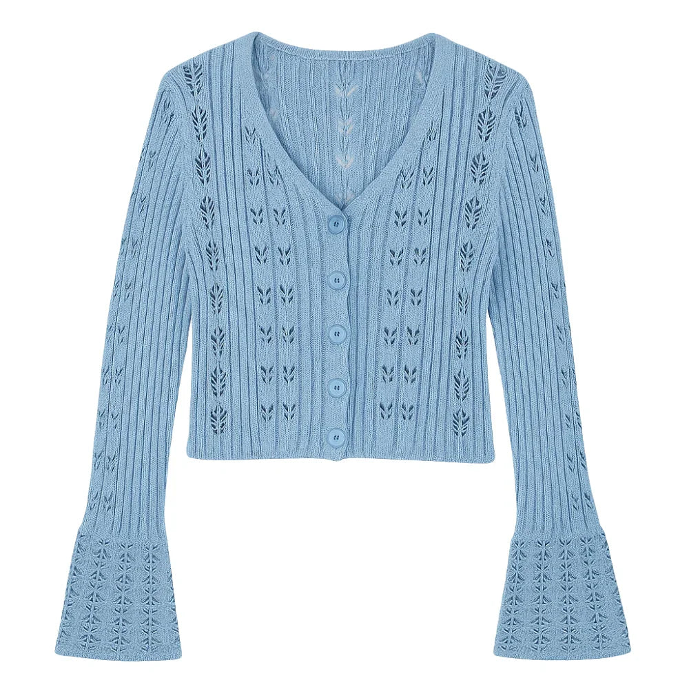 Light blue cardigan with intricate patterns on a white background