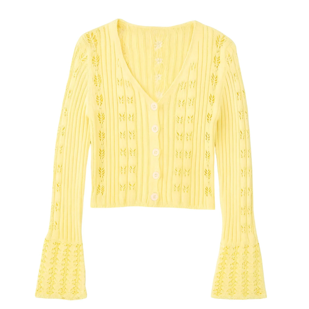 Yellow cardigan with intricate patterns on a white background