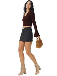 Thumbnail for Women's Long Flare-Sleeve Cardigan V Neck Short Sweater Top Hollow Knitted Cardigan, Drestiny, Cardigans, Casual Shirts, Sweaters, Light Knit Sweater Tops, S, M, L, Yellow, White, Pink, Brown, Light Blue, Wine Red, United States, USA, Canada, Australia, New Zealand, United Kingdom, UK, Long flare sleeve cardigan, Women's bell sleeve cardigan, Knit duster cardigan with flare sleeves, Boho flare sleeve sweater, Bell sleeve cardigan jumper, Ladies' knit cardigan with bell sleeves, shopdrestiny.com