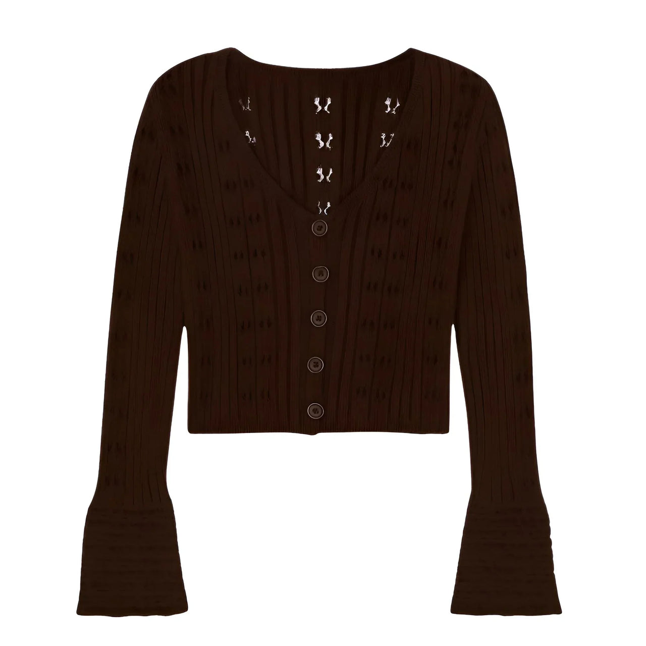 Brown cardigan sweater with button details on a white background