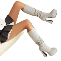 Thumbnail for Women's Long Pointed Toe Midi Boots Thick High Heels Platform Pleated Gogo Boots Ladies Winter Fashion, Boots, Heels, High Heels, Platform Boots, United States, United Kingdom, Australia, 4, 5, 6, 6.5, 7.5, 8.5, 9, 9.5, 10, 10.5, Black, Beige, Grey, Yellow Brown, shopdrestiny.com
