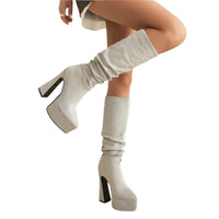 Thumbnail for Women's Long Pointed Toe Midi Boots Thick High Heels Platform Pleated Gogo Boots Ladies Winter Fashion, Boots, Heels, High Heels, Platform Boots, United States, United Kingdom, Australia, 4, 5, 6, 6.5, 7.5, 8.5, 9, 9.5, 10, 10.5, Black, Beige, Grey, Yellow Brown, shopdrestiny.com