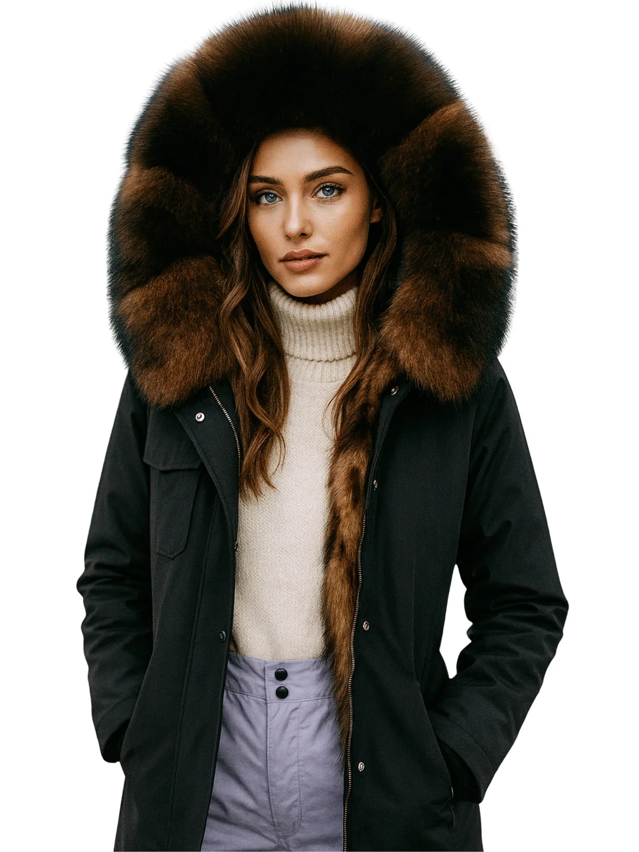 Woman wearing a black coat with a large fur hood on a white background