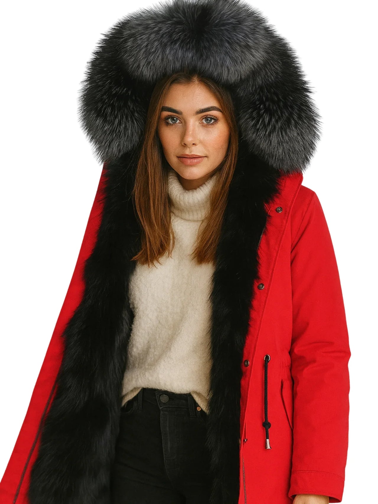 Person wearing a red coat with a large fur hood on a white background
