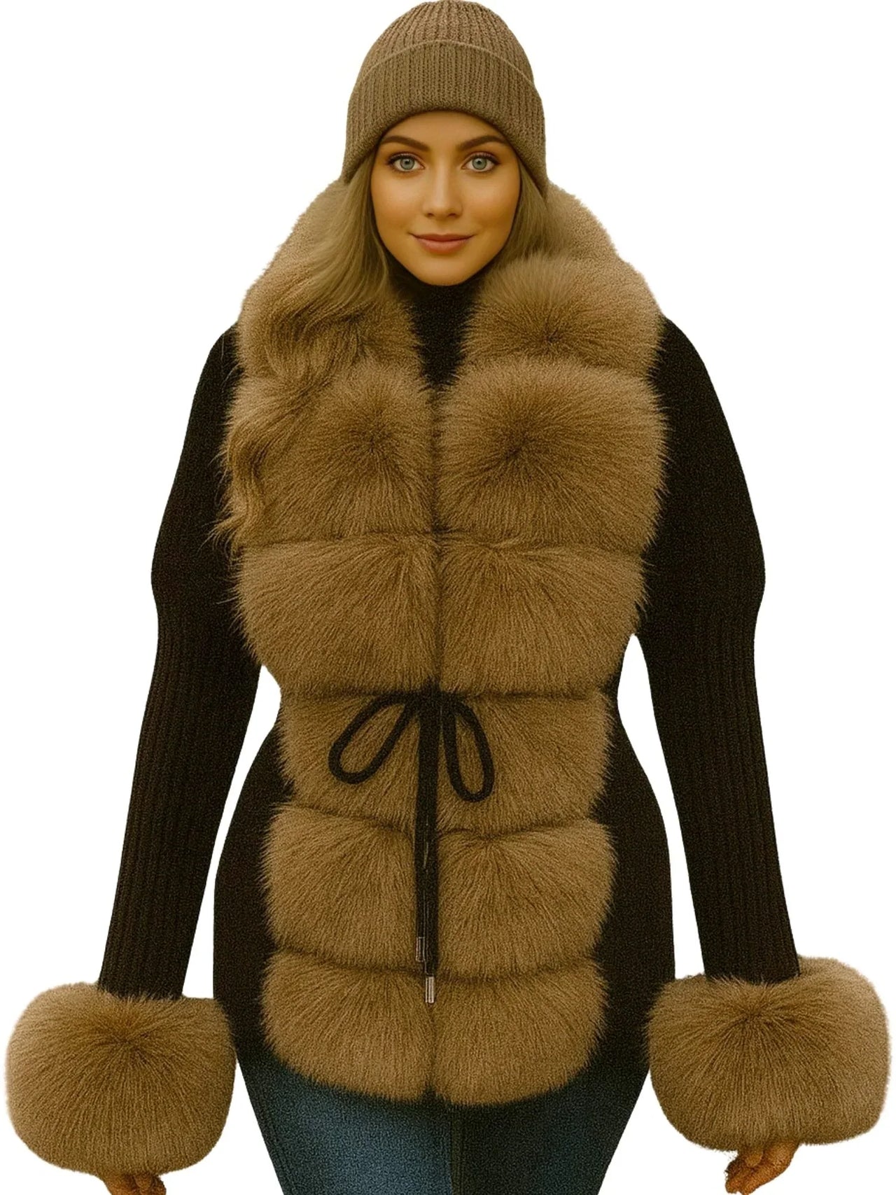 Woman wearing a brown fur sweater coat with matching hat and cuffs on a white background
